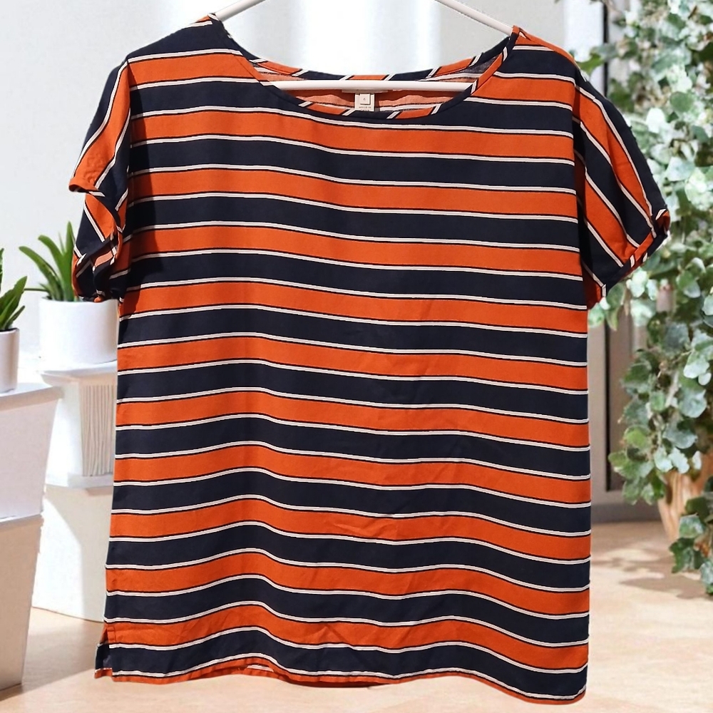 J Crew 100% Silk Red Black Stripe Classic Short Sleeve Womans Sz 6 Small Preppy